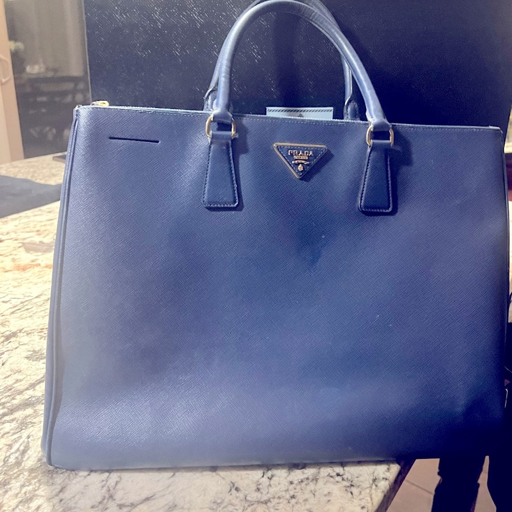 Prada tote and wallet, brilliant blue, staffiano metal